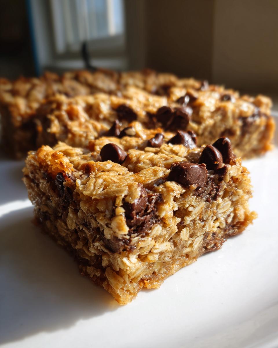 A close-up, sunlit view of a thick chocolate chip oatmeal bars slice on a white plate.
