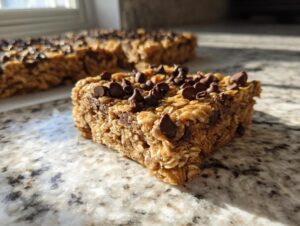 A close-up, sunlit shot of a chewy chocolate chip oatmeal bars square resting on a granite countertop.