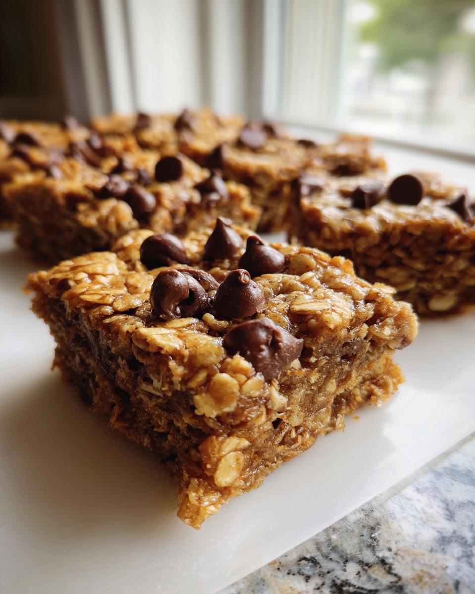 A close-up of a freshly cut chocolate chip oatmeal bars square, showing texture and oats.