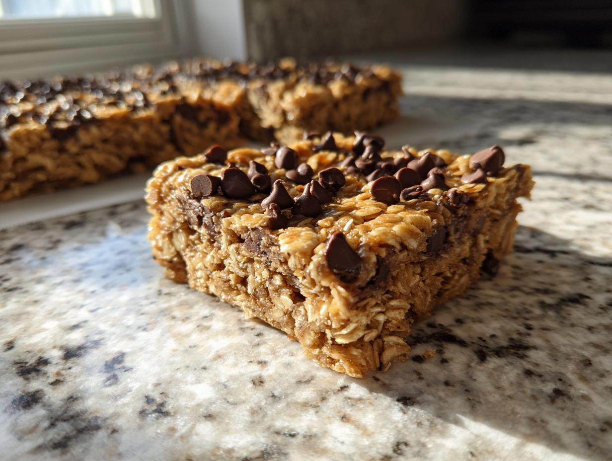 A close-up, sunlit shot of a chewy chocolate chip oatmeal bars square resting on a granite countertop.