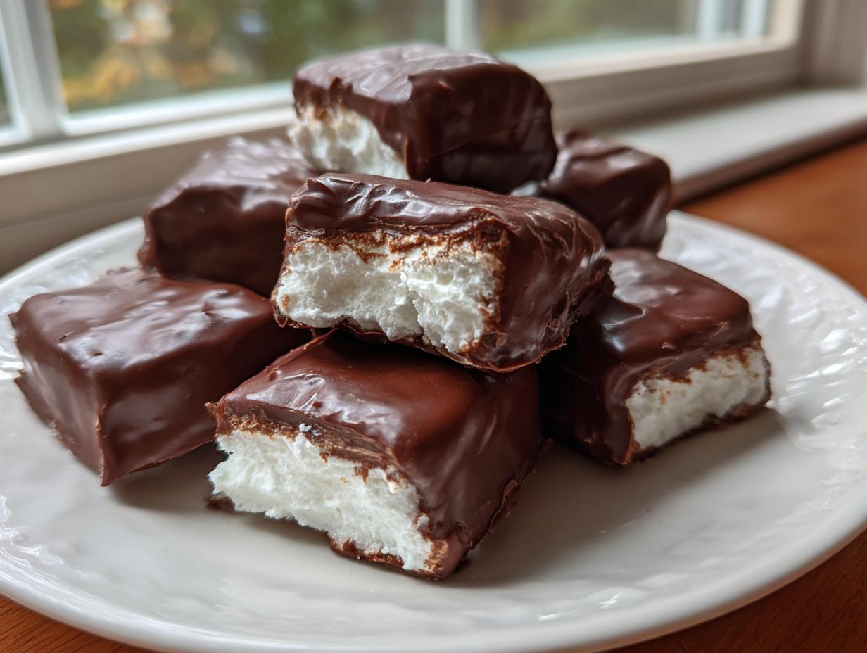 A pile of homemade chocolate-covered cool whip candy bars stacked on a white plate.