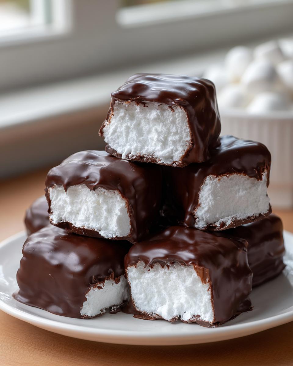 Stack of homemade chocolate-covered treats showing fluffy white filling, a perfect example of cool whip candy.