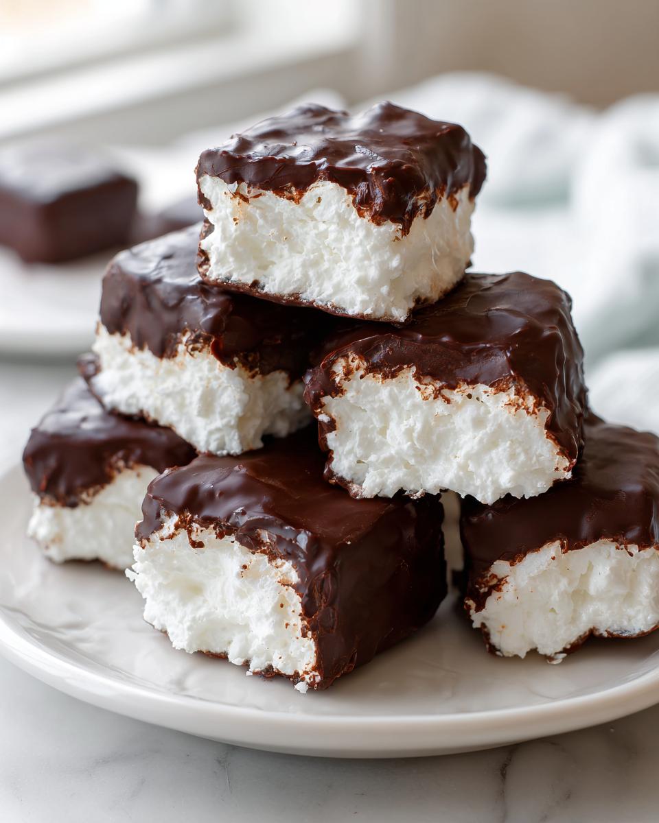 A stack of homemade cool whip candy squares with fluffy white centers dipped in rich dark chocolate.