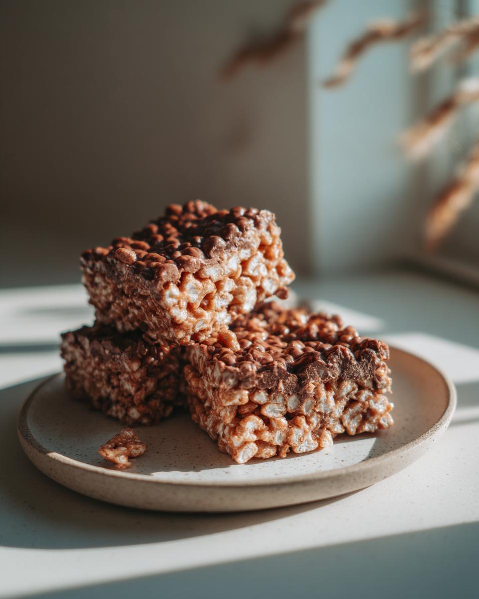 Three stacked squares of chocolate peanut butter rice krispie treats on a speckled plate, illuminated by sunlight.