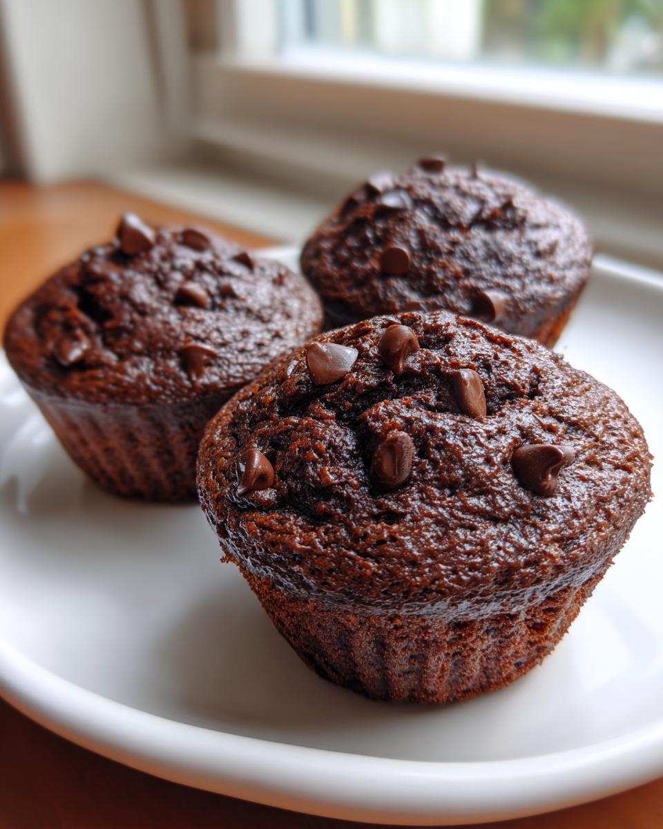 Close-up of three moist chocolate zucchini muffins topped with chocolate chips on a white plate.