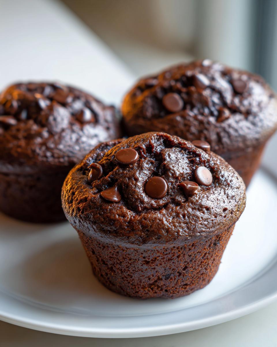 Close-up of three moist, dark chocolate zucchini muffins topped with melted chocolate chips on a white plate.