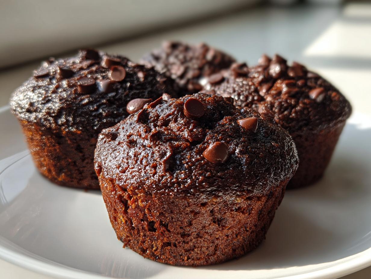 Close-up of four moist chocolate zucchini muffins topped with melted chocolate chips, sitting on a white plate.