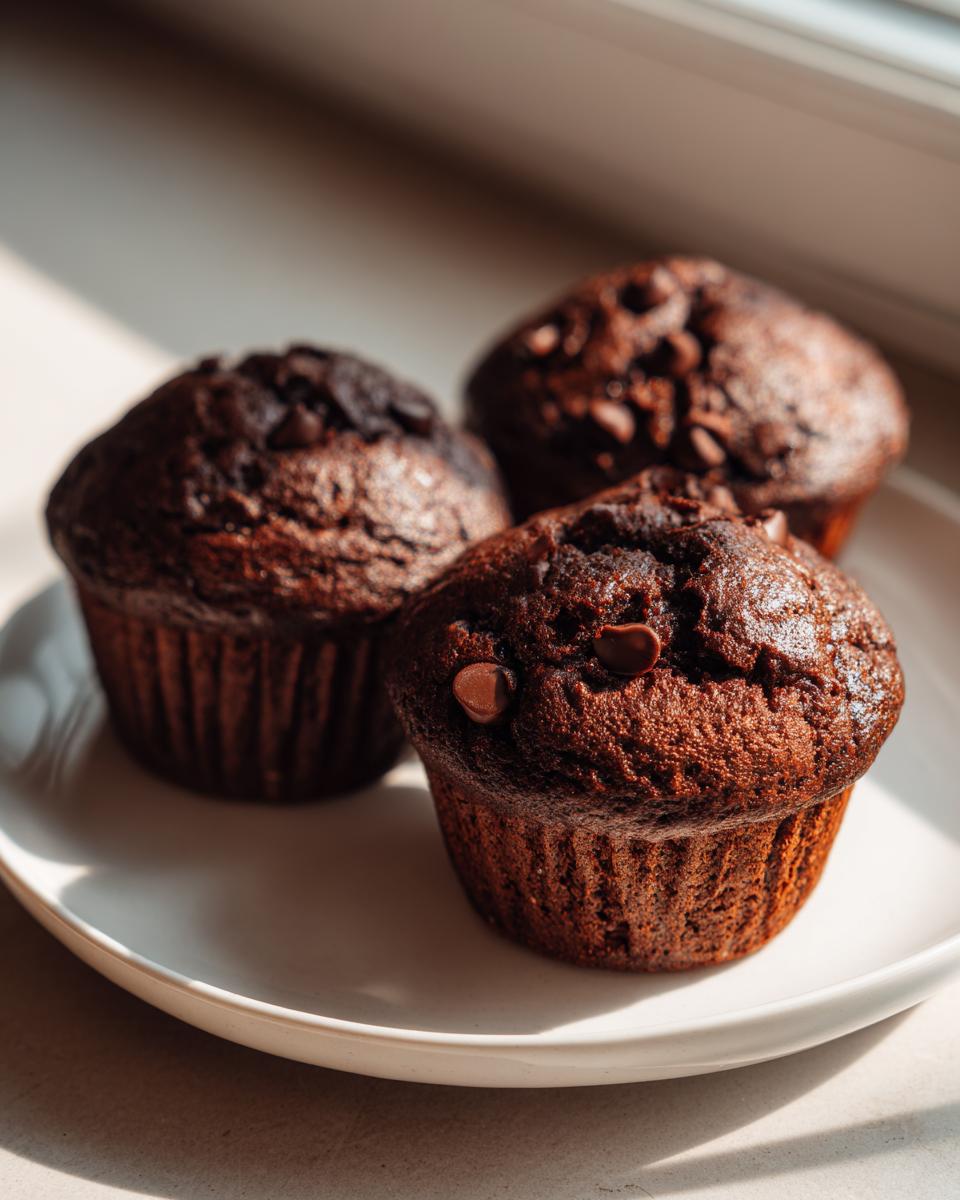 Three dark, rich chocolate zucchini muffins topped with chocolate chips sitting on a white plate.