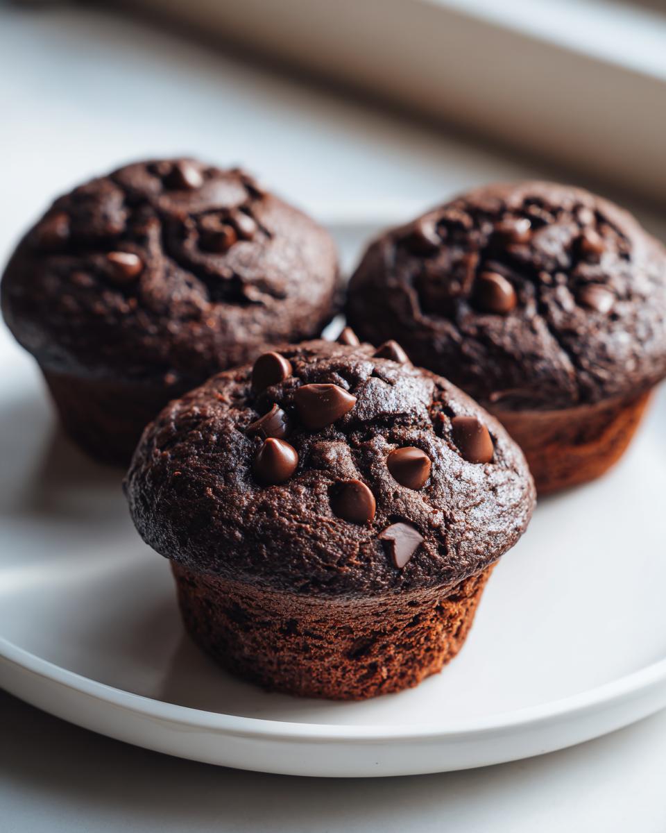 Three dark, rich chocolate zucchini muffins topped with chocolate chips, sitting on a white plate.