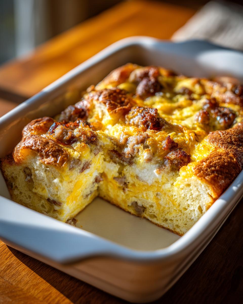 A freshly baked portion of christmas breakfast casserole with sausage and eggs, showing a golden brown top in a white baking dish.