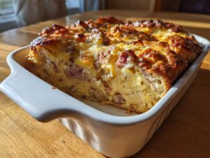 A golden-brown, baked portion of christmas breakfast casserole sitting in a white rectangular baking dish on a wooden table.