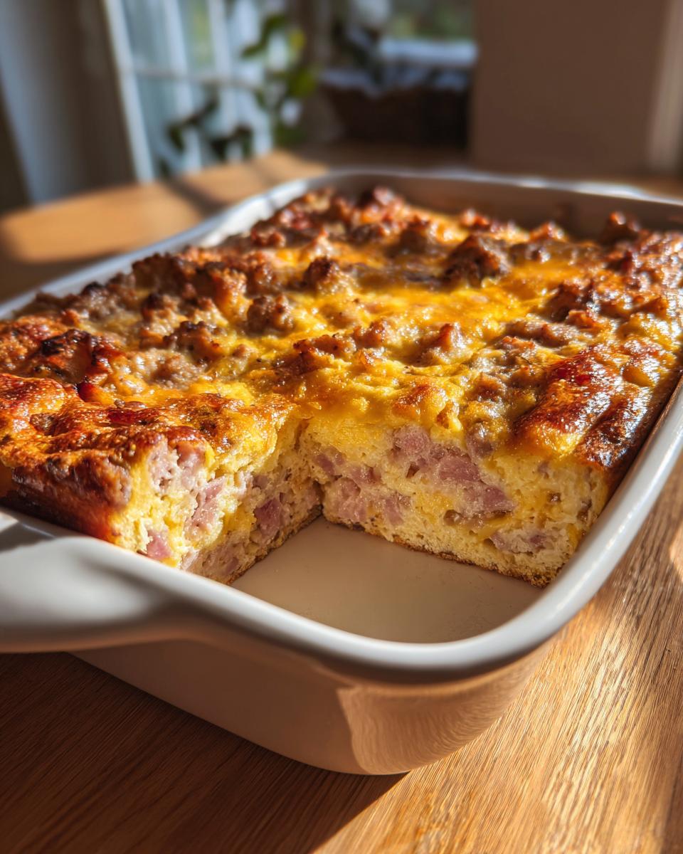 A square slice removed from a baked christmas breakfast casserole featuring eggs, ham, and a browned cheesy top.