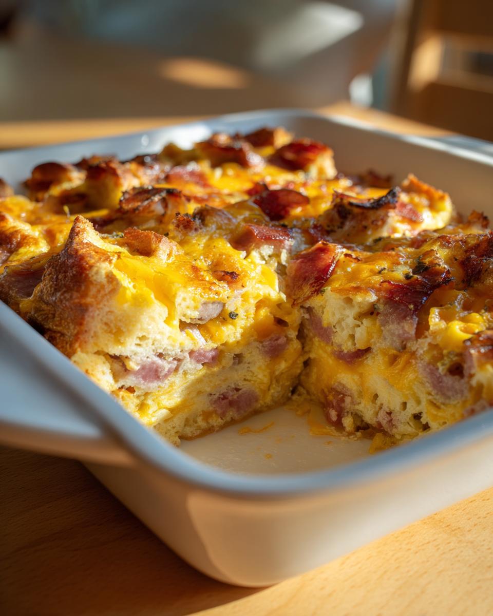 A close-up of a freshly baked christmas breakfast casserole in a white dish, showing layers of egg, ham, bacon, and melted cheddar cheese.