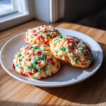 Three soft, round christmas sprinkle sugar cookies topped with red, green, and white sprinkles on a white plate.