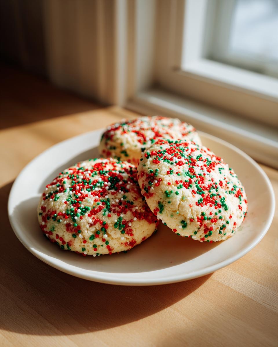 Three soft, round christmas sprinkle sugar cookies topped with red, green, and white nonpareils, resting on a white plate.