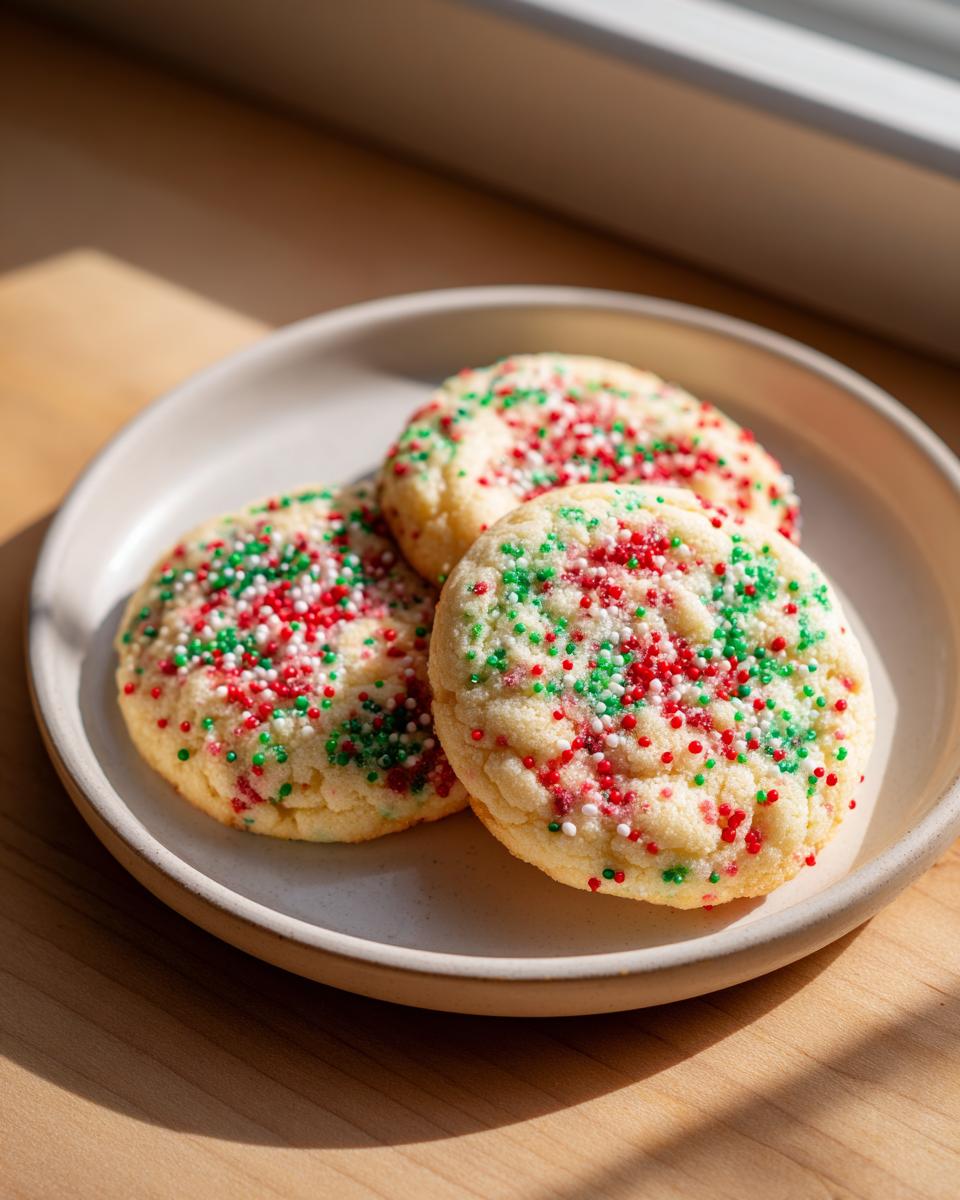 Three soft, round christmas sprinkle sugar cookies topped with red, green, and white nonpareils on a light plate.