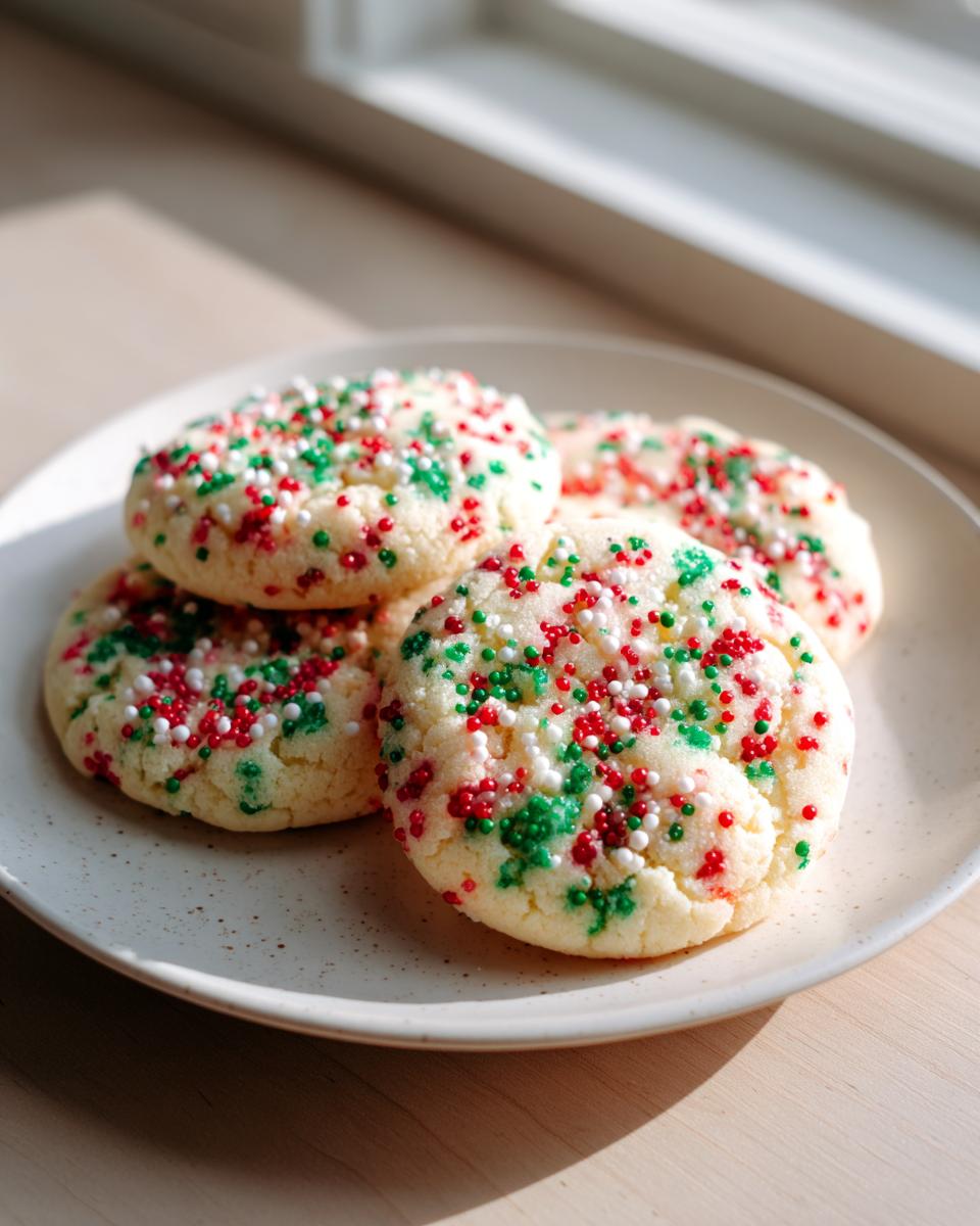 A stack of soft Christmas sprinkle sugar cookies topped with red, green, and white nonpareils on a speckled white plate.