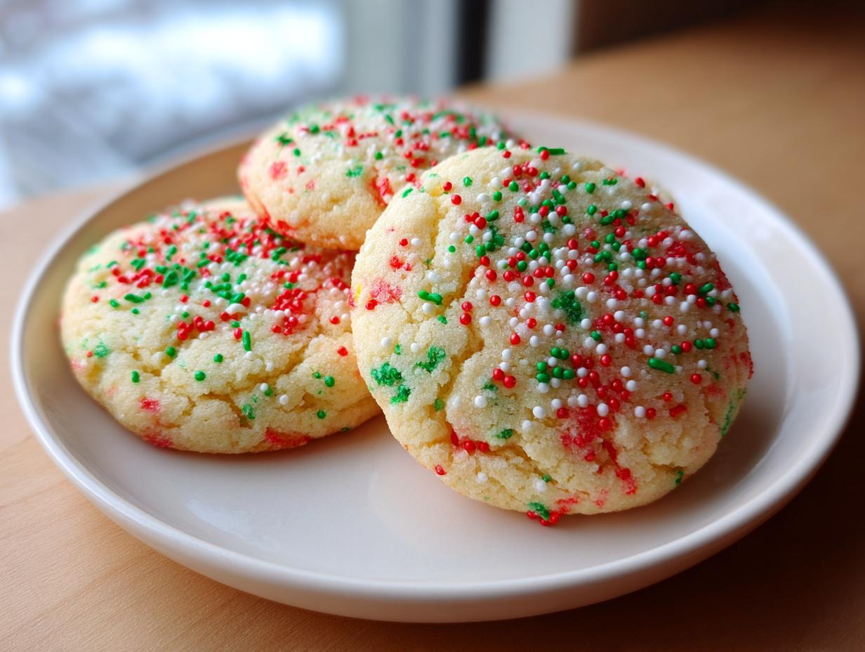 Three soft, round christmas sprinkle sugar cookies topped with red, green, and white nonpareils on a white plate.