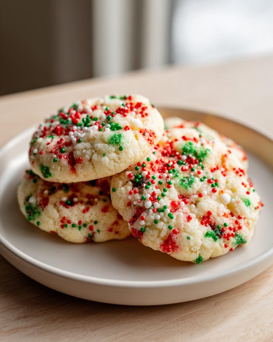 Three soft Christmas sprinkle sugar cookies topped with red, green, and white nonpareils on a light plate.
