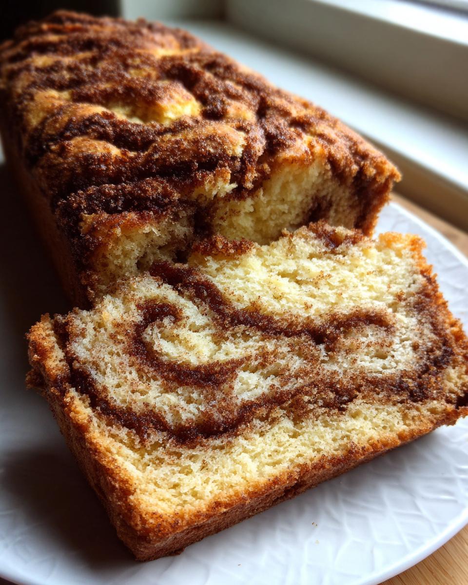 Close-up of a freshly baked cinnamon bread loaf with one slice cut, showing a prominent cinnamon swirl pattern.