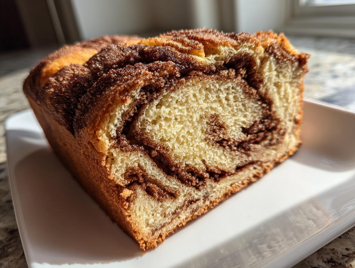 Close-up of a thick slice of swirled cinnamon bread showing the rich brown filling inside the golden loaf.