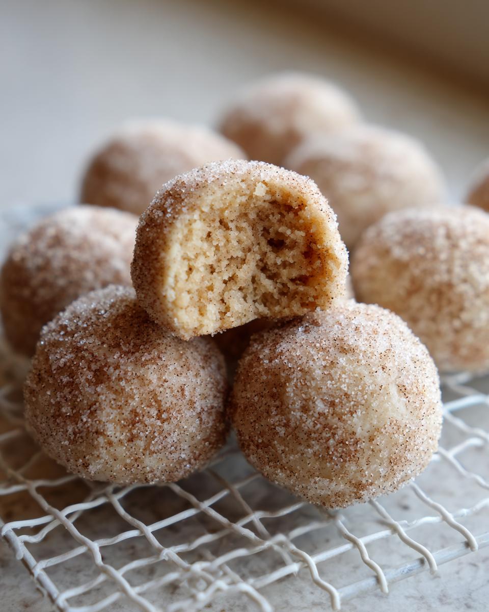 A stack of soft cinnamon sugar snowball cookies, one broken open to show the texture inside.