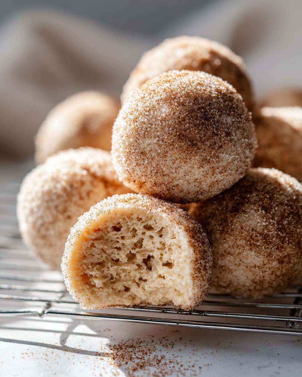 A close-up of soft cinnamon sugar snowball cookies, one broken open to show the fluffy interior.