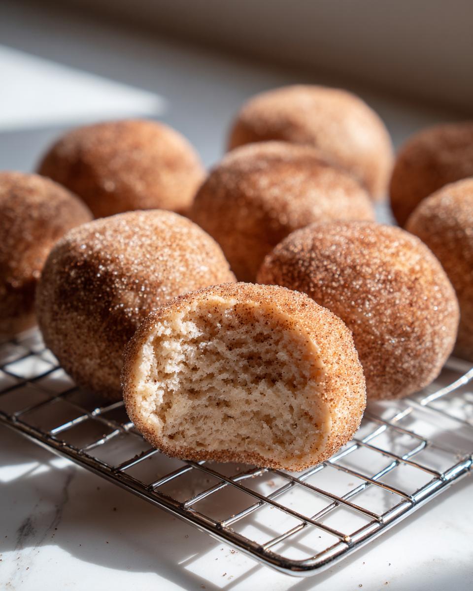 A close-up of soft cinnamon sugar snowball cookies cooling on a rack, one cookie is broken open showing the texture.