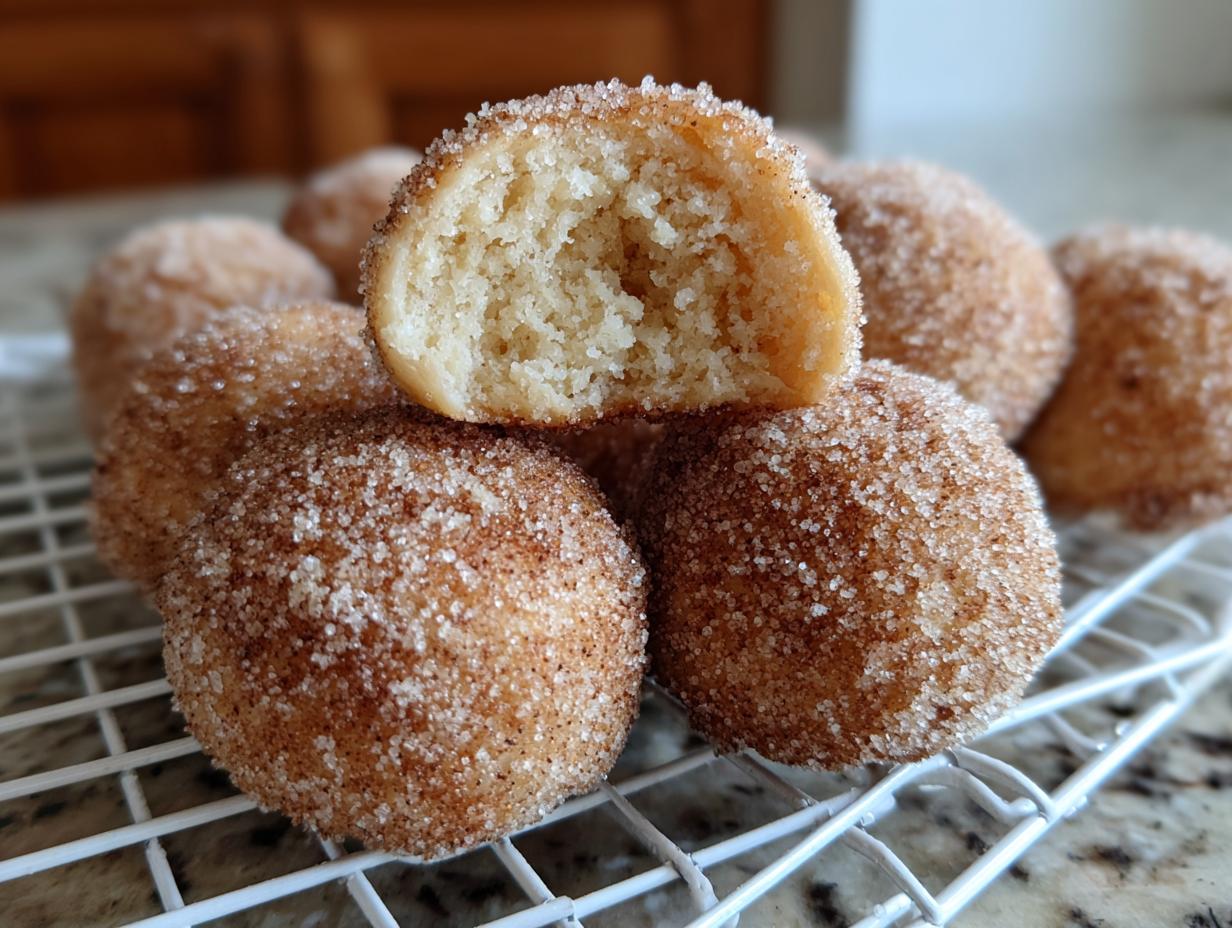 A pile of freshly made cinnamon sugar snowball cookies, with one cookie broken in half showing the soft interior.