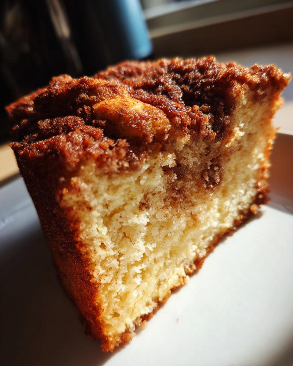 A close-up, sunlit slice of moist coffee cake featuring a rich cinnamon streusel topping and visible swirl inside.