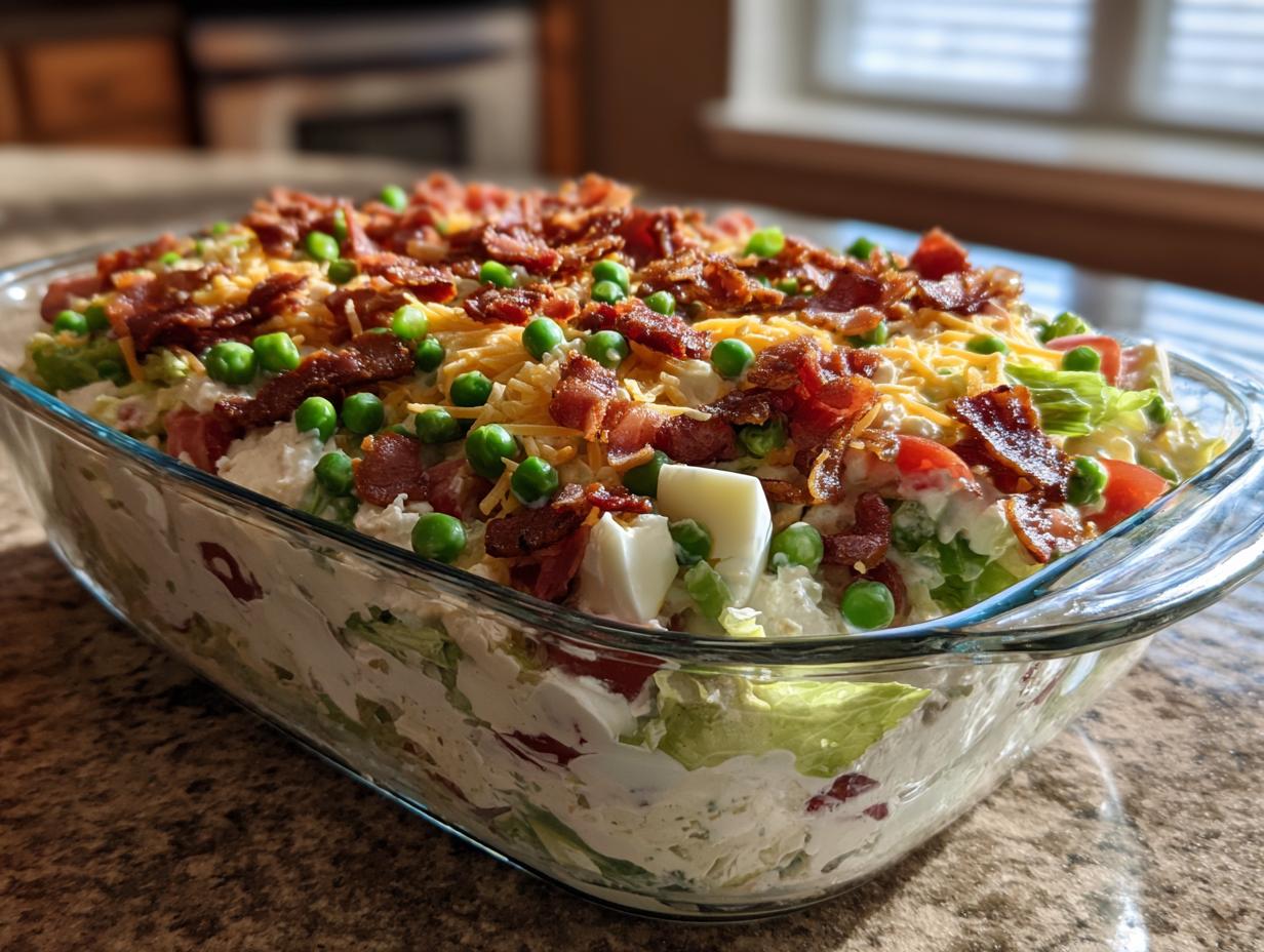 A vibrant, layered 7 layer salad topped with bacon, shredded cheese, peas, and hard-boiled eggs in a clear glass dish.