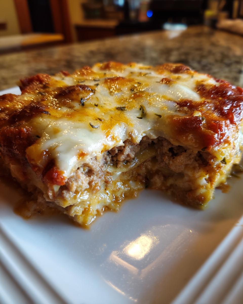 A close-up, cross-section view of a hearty slice of zucchini lasagna topped with melted, browned cheese and meat sauce.