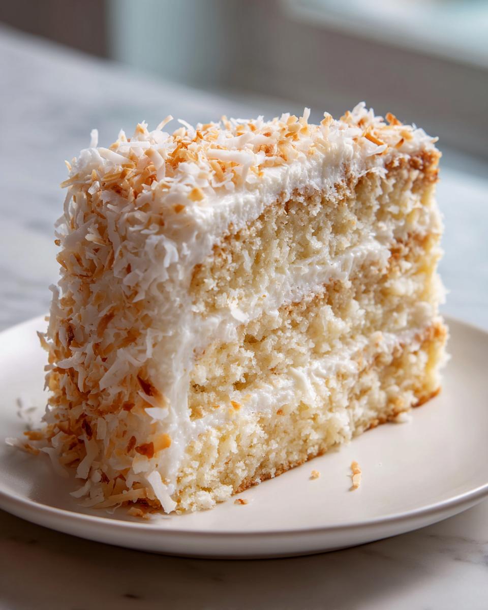 A close-up slice of moist coconut cake recipe layered with white frosting and covered in toasted coconut flakes.
