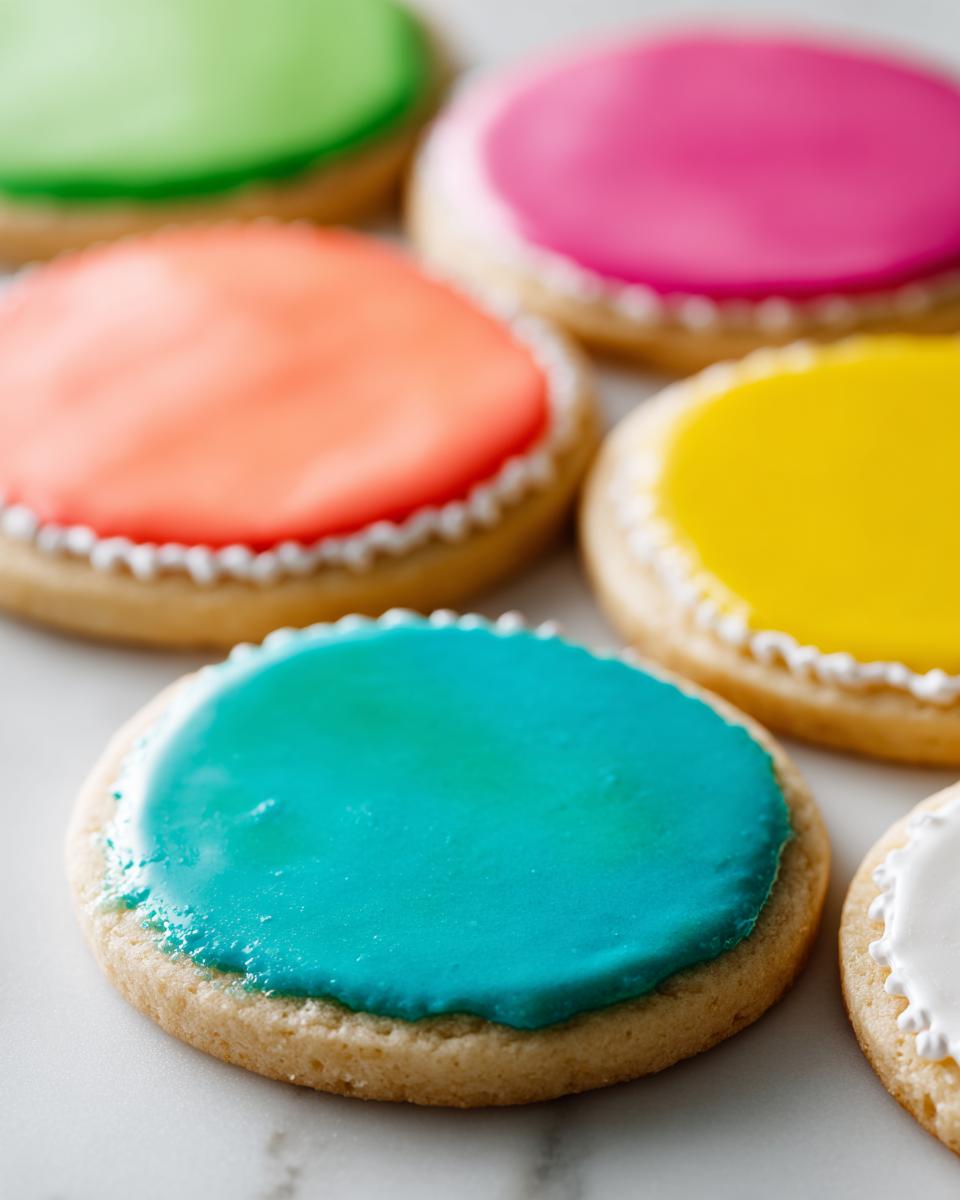 Close-up of several round sugar cookies decorated with vibrant, smooth sugar cookie icing that hardens.