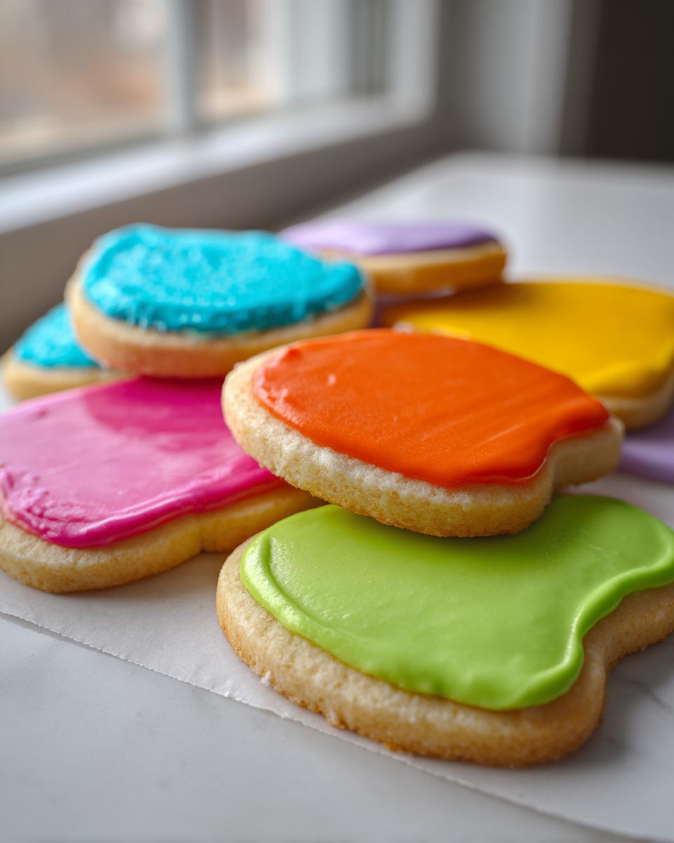 A stack of sugar cookies topped with brightly colored, smooth sugar cookie icing that hardens.