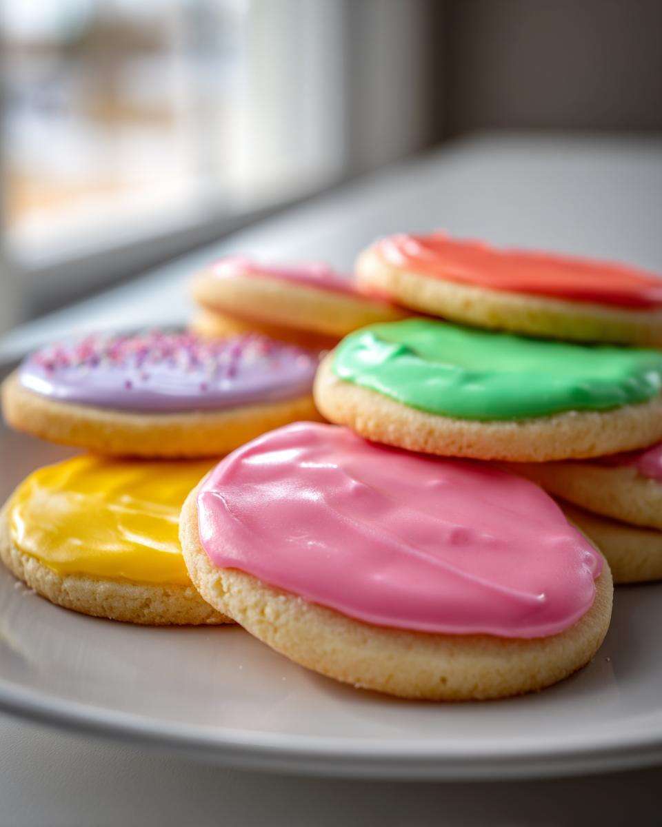 Close-up of sugar cookies stacked on a white plate, topped with brightly colored sugar cookie icing that hardens.