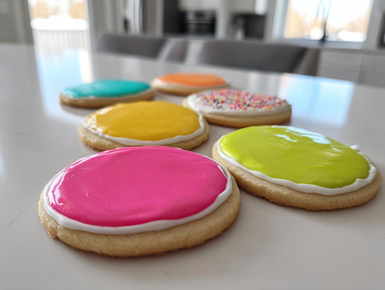 Several round sugar cookies decorated with vibrant, glossy sugar cookie icing that hardens, sitting on a white countertop.