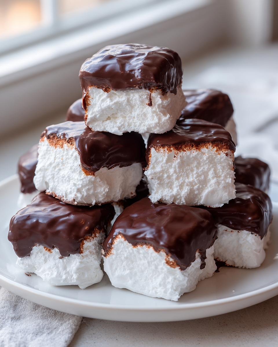 A stack of homemade cool whip candy squares, featuring fluffy white centers dipped in rich, glossy dark chocolate.