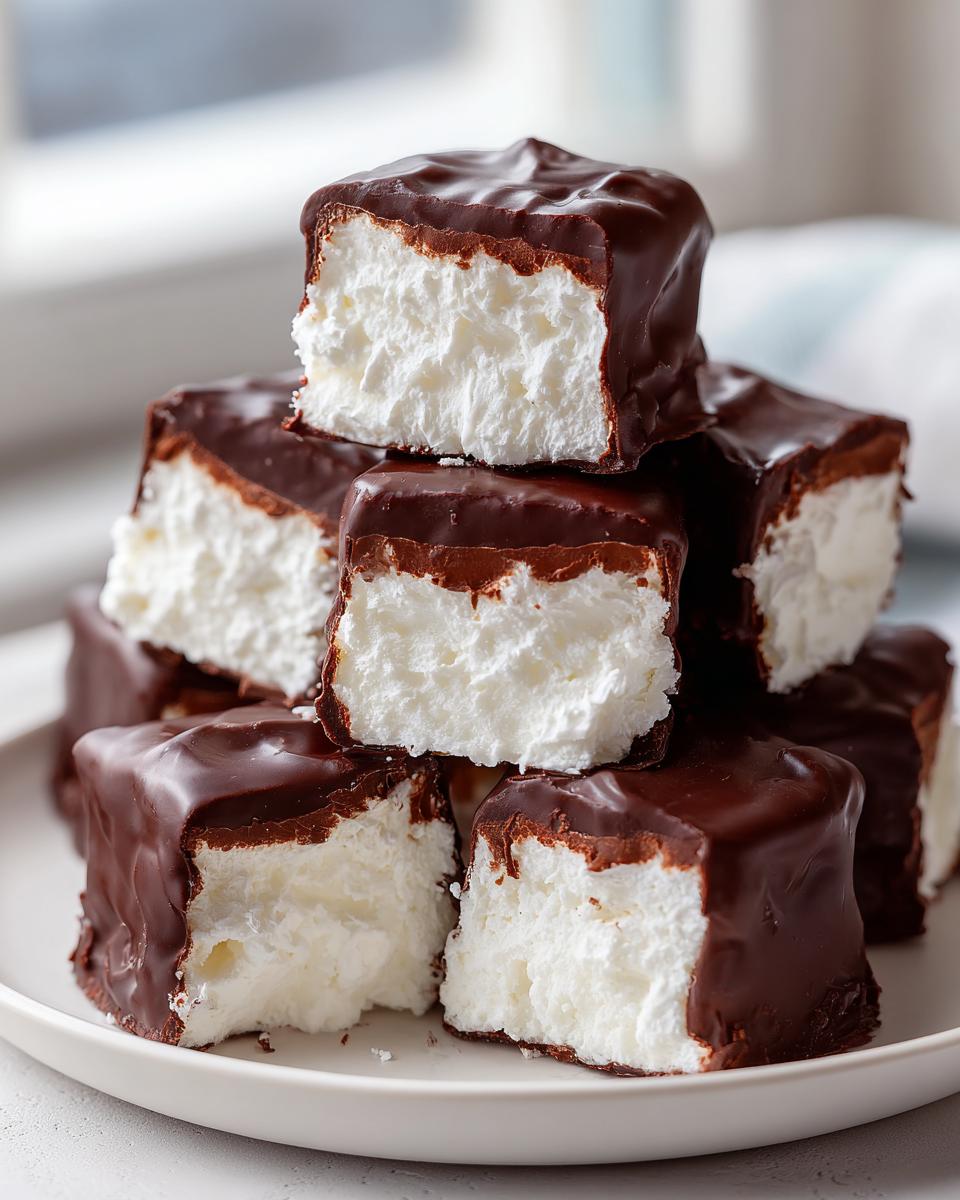 A stack of homemade cool whip candy squares coated in rich dark chocolate, showcasing the fluffy white interior.