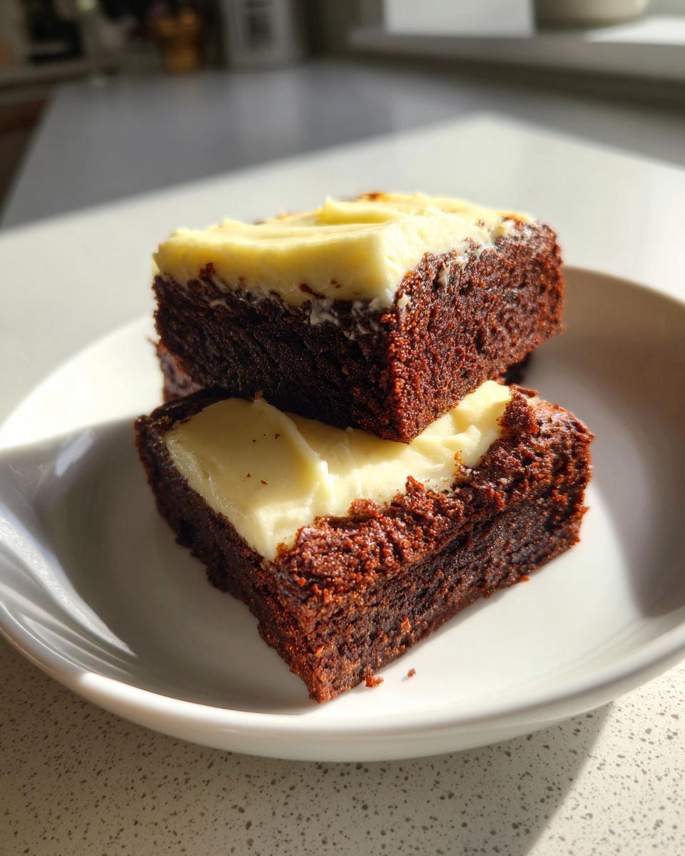 Two rich, dark gingerbread brownies topped with a thick layer of cream cheese frosting, stacked on a white plate.
