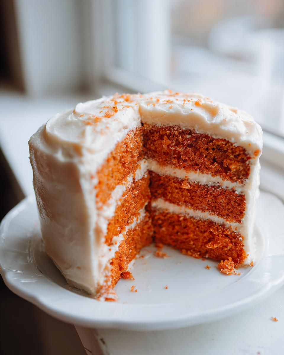 A slice has been removed from a layered Creamsicle Cake, revealing bright orange layers and white frosting.