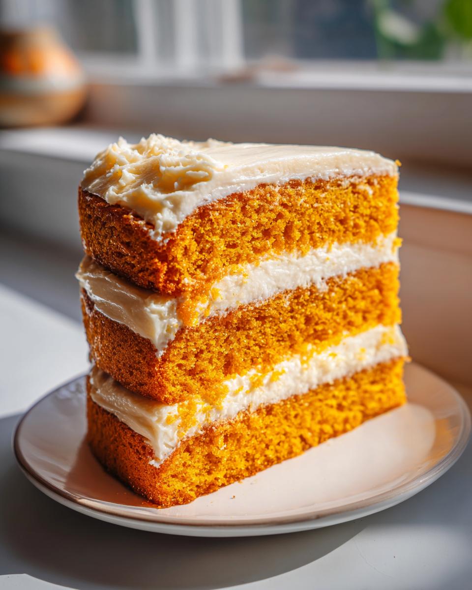 A tall, three-layer slice of bright orange Creamsicle Cake with thick layers of white cream cheese frosting.
