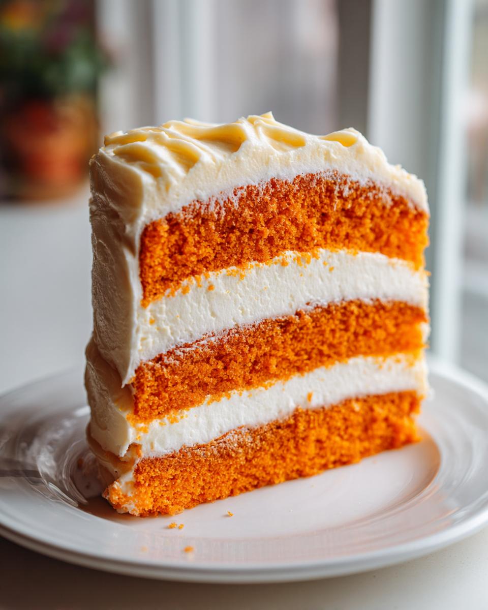 A tall slice of vibrant orange Creamsicle Cake with three layers of cake and two layers of white cream filling, sitting on a white plate.