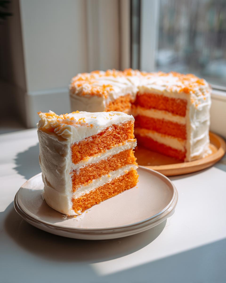A tempting slice of multi-layered Creamsicle Cake with bright orange layers and white frosting, set beside the main cake.