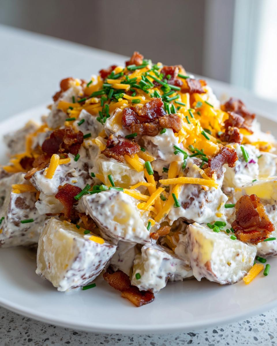 Close-up of creamy baked potato salad topped with shredded cheddar cheese, crispy bacon bits, and fresh chives.