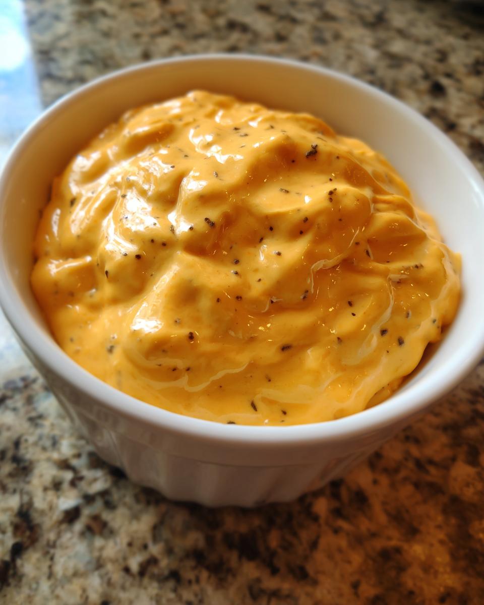 Close-up of thick, creamy orange beer cheese dip speckled with black pepper in a white serving bowl.
