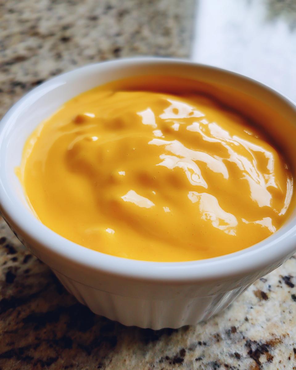 Close-up of smooth, bright orange beer cheese dip served in a small white ramekin on a granite countertop.