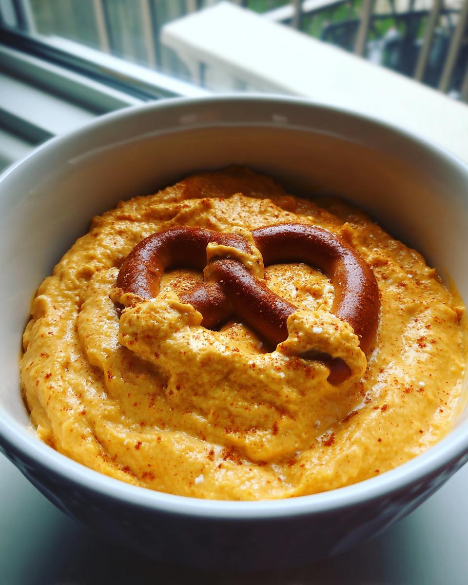 Close-up of creamy, orange beer cheese pub dip in a white bowl, garnished with a soft pretzel and paprika.