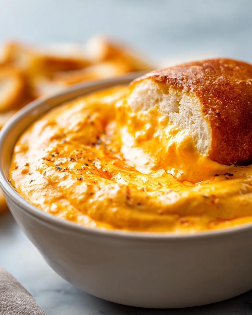 Close-up of a piece of pretzel bread being dipped into a bowl of rich, orange beer cheese pub dip, sprinkled with spices.