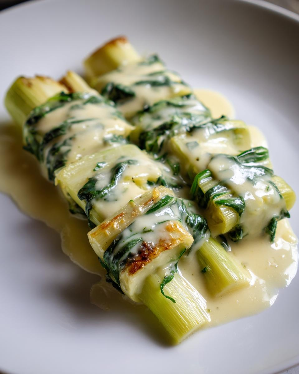 Close-up of tender braised leeks wrapped with spinach and covered in a rich, creamy cheese sauce.